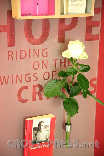 2012.06.21_09.16.02.jpg - Sadako: "Hoffnung ist das Reiten auf den Flügeln der Kraniche". Den Friedensschrein in der HS ziert immer eine echte frische Rose.
