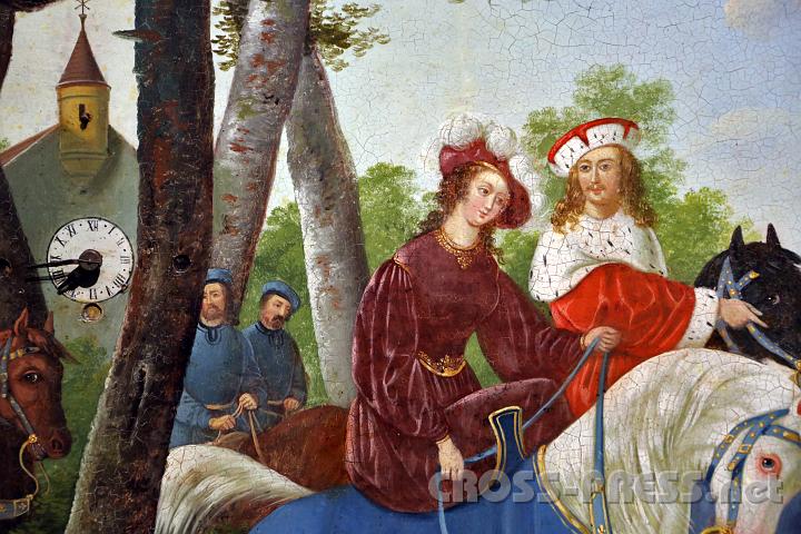 2013.02.23_17.36.03.jpg - Bilderuhr "Auffindung des Schleiers", signiert "Vogel", um 1840/50, Öl auf Blech.   Leopold und seine Frau Agnes reiten aus dem Wald auf eine Lichtung.
