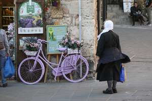 1. kroatische Votiv-Radwallfahrt nach Rom Eine Nonne bewundert das lila blumengeschmückte Fahrrad.